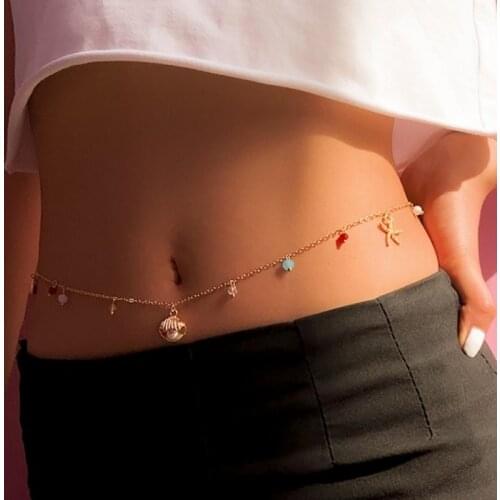 2021 New Fashion Sexy Summer Beach Starfish Shell Waist Chain Pearl Body Chain Female Body Jewelry for Women Girls