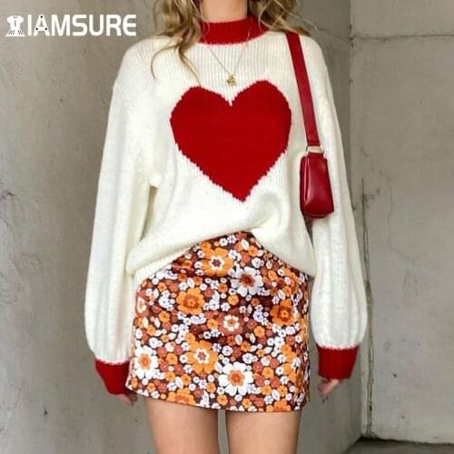 IAMSURE Oversize Heart Shape Pattern Sweater Casual Loose Long Sleeve O-Neck Knitted Pullovers Women 2021 Autumn Winter Cute Top