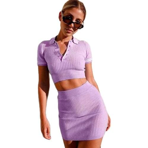 Crop Top Skirt 2 Pieces Black Knitting Women Mini Skirt Sets Two Piece Short Sleeve Casual Bodycon Dress Women Outfit Clothes