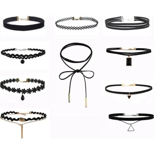 10 PCS/Set New Gothic Tattoo Leather Choker Necklaces Set for Women Hollow Out Black Lace Necklace Jewelry Collier Chain