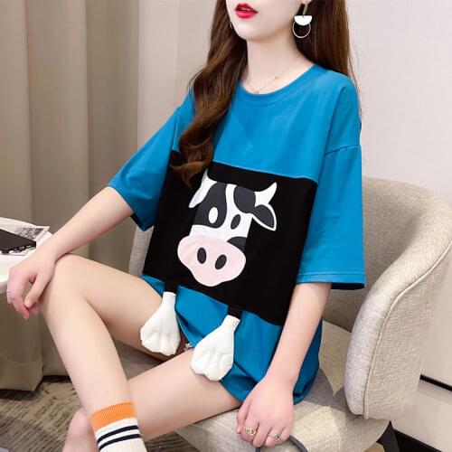 #0711 Pink Red Blue White Streetwear T-shirt Women Cotton Cartoon Korean Style Casual T Shirt For Girl Loose Cotton Short Sleeve