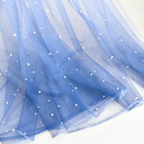 1Meter blue gradient pearl Embroidery Lace mesh fabric wedding dress/evening/show dress material lace trim Free Shipping