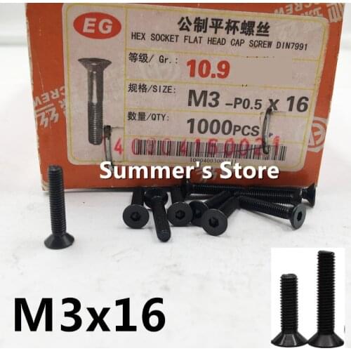 100pcs/lot DIN7991 M3*16mm Alloy Steel Hex Socket Flat Head Cap Screw M3*16mm countersunk head M3 black screw bolt Grade 10.9