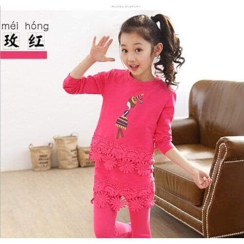 2020girl clothes sets long sleeved t shirt + Culottes Fashion lace cartoon sport suit Comfortable LeisureChildrens clothing
