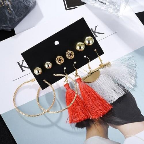 6 Pairs/Set Fashion Bohemian Tassel Earrings For Women Round Circle Earring Female Gold Metal Ball Stud Earrings Set Mixed Gifts