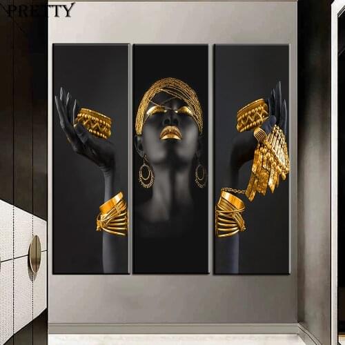 African Art Black Gold Woman Canvas Paintings Living Room Lady Holding Gold Jewelry Wall Art Posters Modern Decorative Pictures