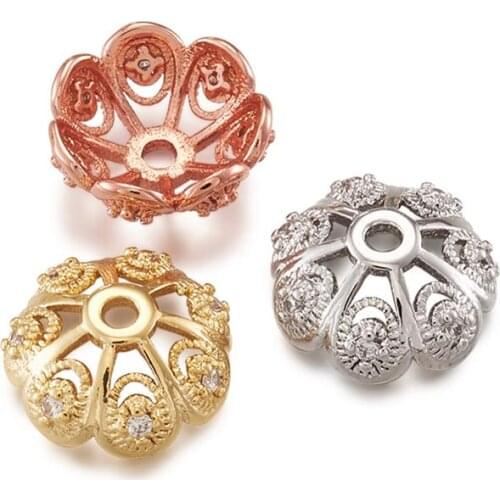 50pcs CZ Brass Micro Pave Cubic Zirconia Flower Bead Caps Jewelry Findings Cadmium Free & Nickel Free & Lead Free 8mm 11mm 15mm