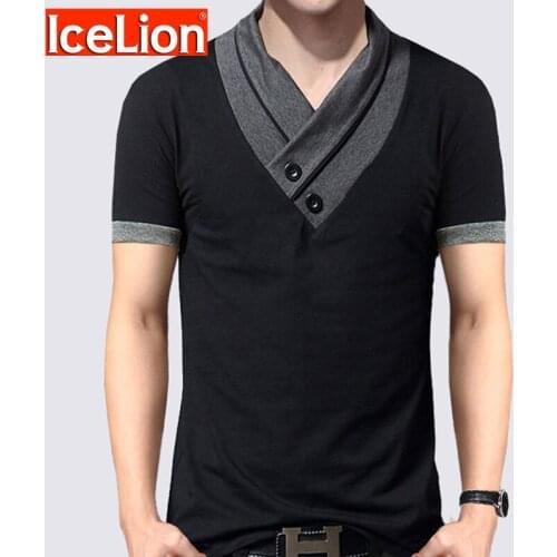 LeeLion 2021 Spring Summer New Fashion tshirt Men Short-Sleeved Splicing Button Turn-down Collar T-Shirt Fitness Slim Tees Tops