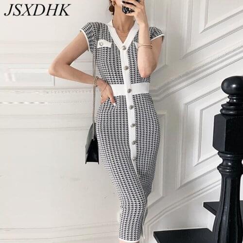 JSXDHK Summer Houndstooth Sweater Dress Fashion Women V Neck Single Breasted Knitted Thin Color Matching Bodycon Midi Long Dress
