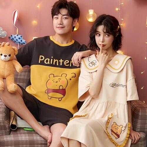 Kawaii Green Little Dinosaur Couple Pajamas Set Loose Cotton Nightwear Summer Mujer Casual Home Suit Sweet Sleepwear For Women