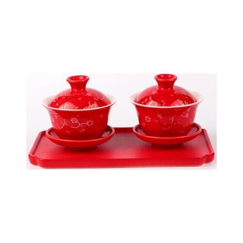 Chinese traditional antique red wedding ceramic tea bowl cup tray Kungfu tea set tureen gaiwan porcelain marry newlywed gift