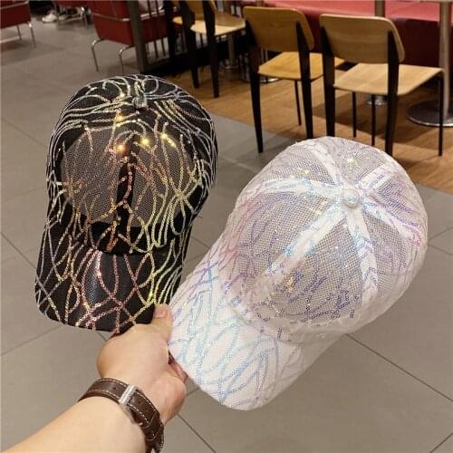 Summer Lace Women Baseball Cap Personality Stripes Sequins Hollow Breathable Fashion Sunshade