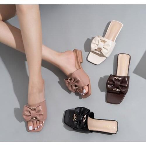 Summer Women Slippers Square Toe Womens Flat Slippers Outdoor Beach Butterfly Knot Decorate Peep Toe Ladies Shoes Big Size 42