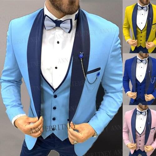 Newest Fashion Blue Wedding Suits for Men Formal Groom Tuxedo Slim Fit Jacket Tailored Business Blazer Vest with Pants 3 pieces