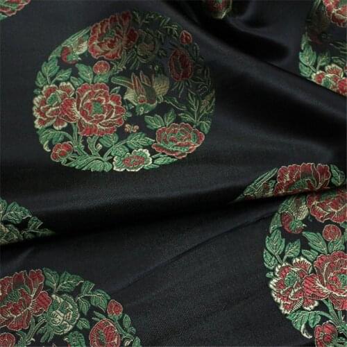 NW84 Black Fabric with flower Chinese Style Polyester Brocade Fabric Womens Dress Clothing Jackets Fabrics DIY Sewing Material