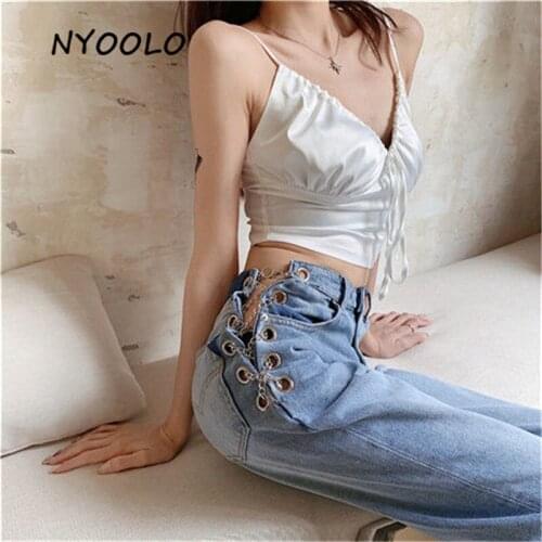NYOOLO 2020 Summer sexy chain high waist washed jeans women Fashion streetwear loose punk Split ankle length denim pants