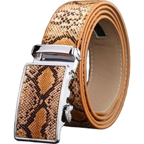 Ew Men Automatic Buckle Ratchet Belt Fashion Snake Skin Printed Belt Serpentine Belts Genuine Leather Waist Strap for Gift