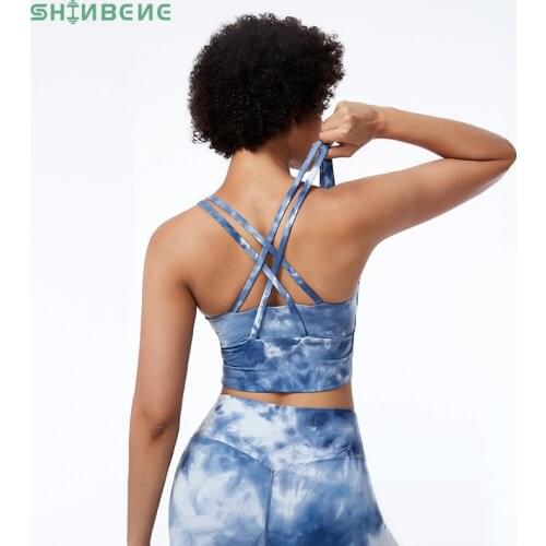 SHINBENE TIE DYE Cross Strap Fitness Sports Bras Top Women Longline Padded Push Up Mid Support Gym Workout Crop Top Yoga Bras