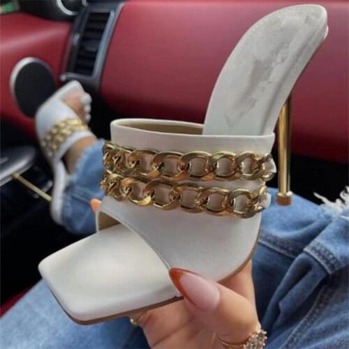 Flip Flops Open Toe Prom New Shoes Women Solid Sandals Women High Heels Mules Chain Pumps Office Ladies Slippers Womens Shoes
