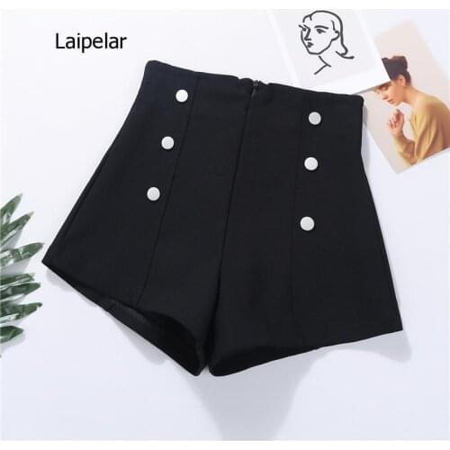 Black Elastic Shorts for Women Daily Wear 2021 Korean Double Row Button High Waist Casual Wide Leg Lady Causal