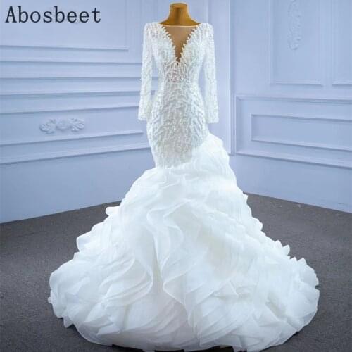 Mermaid Wedding Dress Long Sleeve with Ruffles Gown Luxury Pears Beads Wedding Gown for Bridal 2021 with Train Lace Up Back