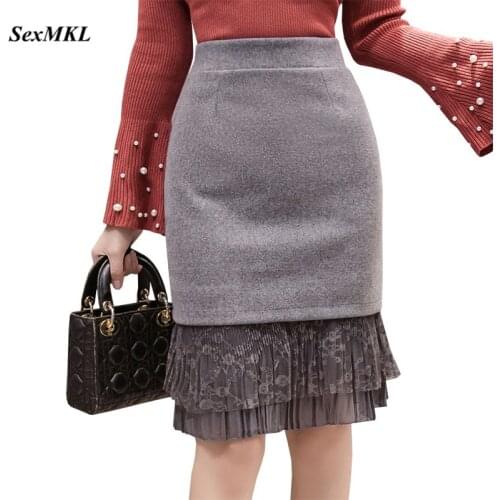 SEXMKL 2020 Plus Size Winter High Waist Skirt Women Winter Korean Lace Patchwork Black Skirts Jupe Femme Office Pencil Skirt