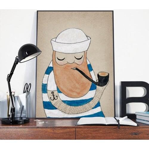 Funny sailor long beard poster cute man biting pipe art hand-painted canvas painting bedroom childrens room wall decoration pic
