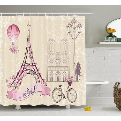 Kiss Shower Curtain Floral Paris Symbols Landmarks Eiffel Tower Hot Air Balloon Bicycle Romantic Couple Waterproof Bath Curtains