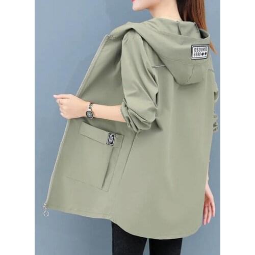 2021 jacket female autumn plus size loose windbreaker jacket zipper hooded collar long sleeve all-match solid color jacket