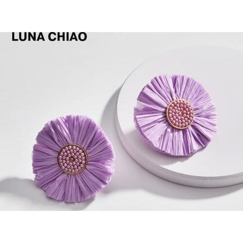 LUNA CHIAO Fashion Purple Pink Natural Color Raffia Fringed Tassel Disc Earrings for Women