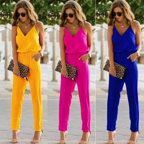 Summer Women 2021 New Arrival Fashion Solid Color Tunic V-neck Romper Jumpsuit Sexy Sling Jumpsuit With Pockets Jumpsuit Mujer