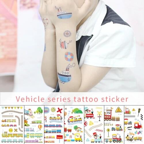 Car Kids Temporary Tattoos Aircraft ships engineering vehicles fire trucks bus Cartoon sticker Children Party Body Art Fake Away