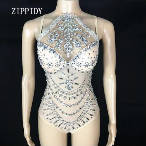 Flashing Glass Rhinestones Bodysuit Silver Stones Stretch Outfit Female Singer Costume Womens Party Wear Sexy Mesh Bodysuits
