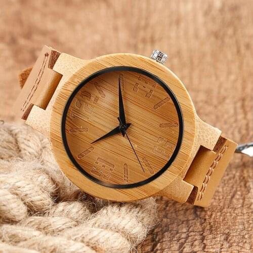 100% Nature Wood Watches Creative Simple Numbers Wristwatch Mens Genuine Leather Quartz Watches Men Bamboo Handmade Clock Gift