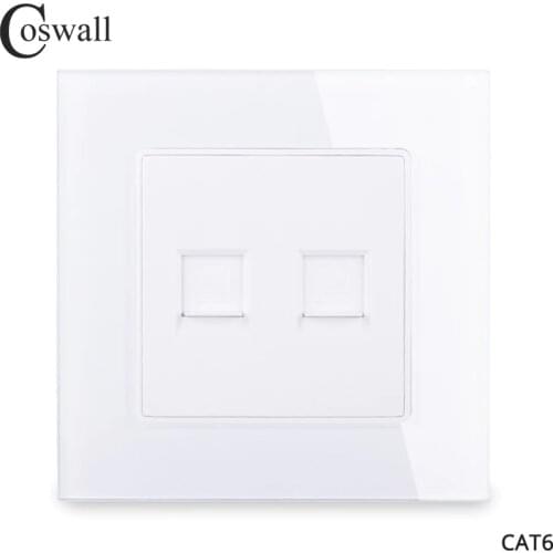Coswall Crystal Glass Panel Dual CAT6E RJ45 Internet Connector Outlet Tool-free Quick-wireable Wall Socket White Black C1 Series