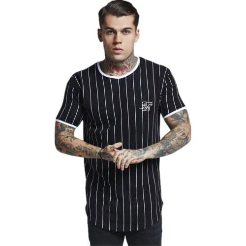 Mens Fashion Slim Short-Sleeved Summer Striped European And American Sik Hip Hop Printing Round Neck Tops T-Shirt