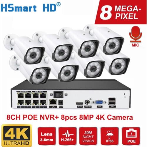 4K Ultra HD 8MP POE NVR Kit Street CCTV Record Security System Audio Outdoor IP Camera Home Video Surveillance Camera NVR Set