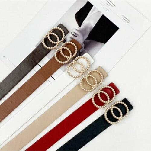 Leather belt women waist luxury black red belts for jeans dresses woman pearl studded buckle girls ladies fashion decorative
