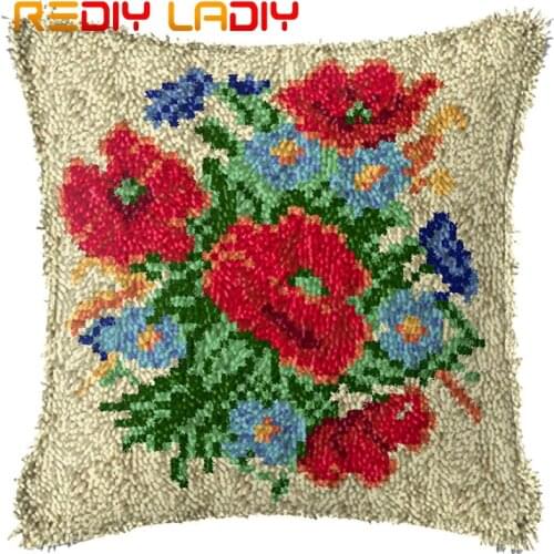 Latch Hook Cushion Poppy Flowers Pre-Printed Canvas Cushion Cover Acrylic Yarn Crochet Pillow Case Set Hobby & Crafts Home Decor