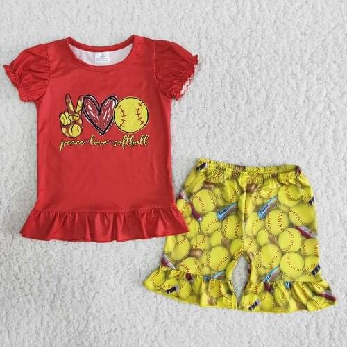 Summer Baby Girls Outfits Peace Love Softball Shirt Yellow Shorts with Ruffles Kids Boutique Clothing