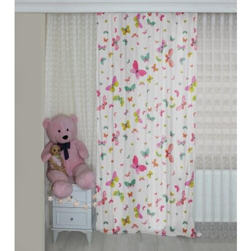 Cute Butterfly Patterned Background Curtain velvet curtain kids room drape Pink Ribbon Colorfull