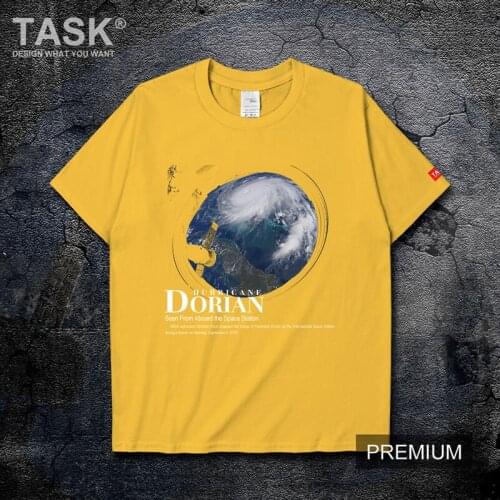 Looks down on cloud hurricane Dorian earth in outer space mens t shirt sporting Short Sleeve jerseys white new clothes summer