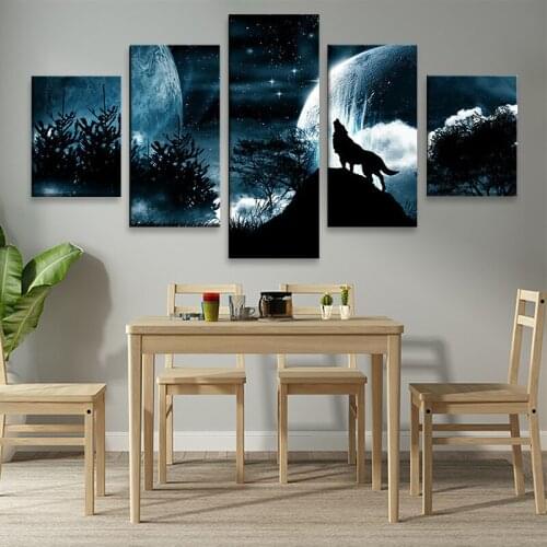 Wall Art 5 Panel Canvas Painting Howling Wolf Poster Night Sky Moon Pictures Home Decor Living Room HD Printed Poster