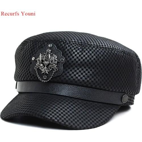 Novelty Male Real Leather Flat-Top Punk Rivet Thin Suede Hats Men Cowboy Baseball Caps Women British Navy Students Casquette