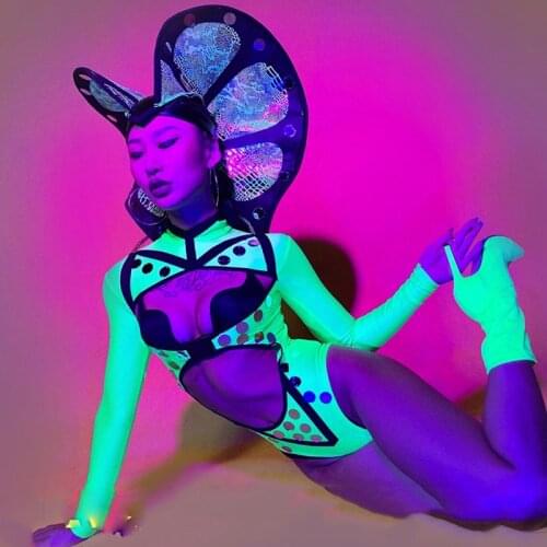 New Stage Costumes For Singers Sexy Hollow Fluorescent Bodysuit Festival Outfit Women Rave Clothes Jazz Pole Dance Wear DN5560