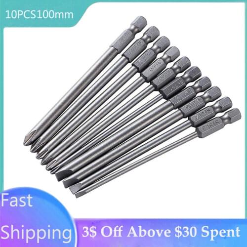 Professional 10pcs/set 100mm Alloy Steel S2 Slotted Phillips Screwdriver Bits Straight Cross Head Batches Hand Tools