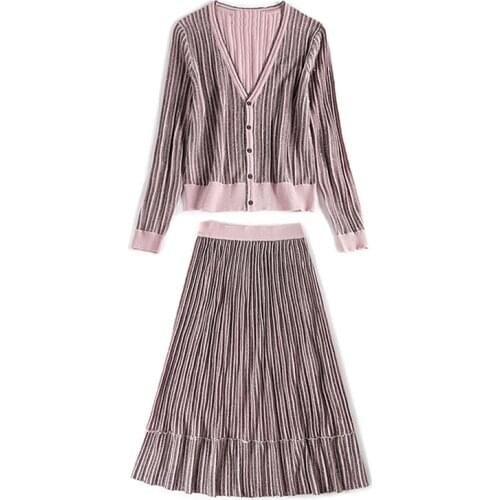 PERHAPS U Women Lurex Knit Black Pink V Neck Full Sleeve Cardigan Maxi Long Skirt Solid Two Pieces Set T0012