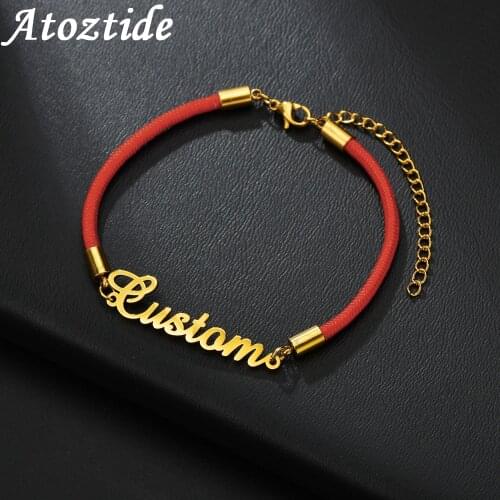 Atoztide Personalized Custom Name Bracelet For Women Stainless Steel Charms Handmade Handwriting Love Red Rope Bangle Gift