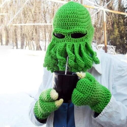 New Funny Crochet Knit Beard Octopus Hat Neon Winter Warm Windproof Cosplay Tentacle Pirate Beanie Cap Balaclava Party Props