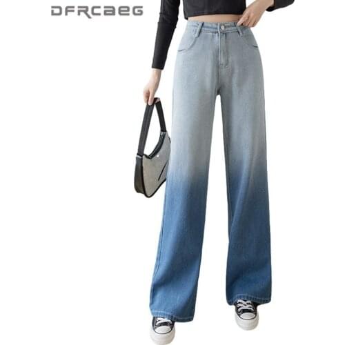 Patchwork Gradient Loose Wide Leg Pants Jeans Women 2021 High Waist Woman Streetwear Straight Washed Denim Full Trousers Femme